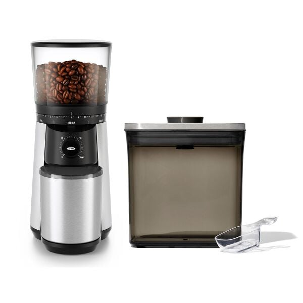 Conical Burr Coffee Grinder & Steel Coffee POP Container (1.7 Qt) with Scoop Bundle M6