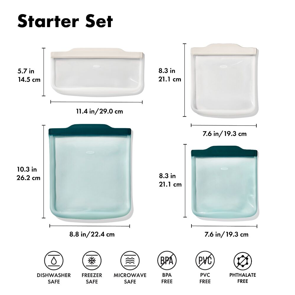 Silicone Reusable Bag - 4 Piece Starter Set - Oat/Lagoon M2